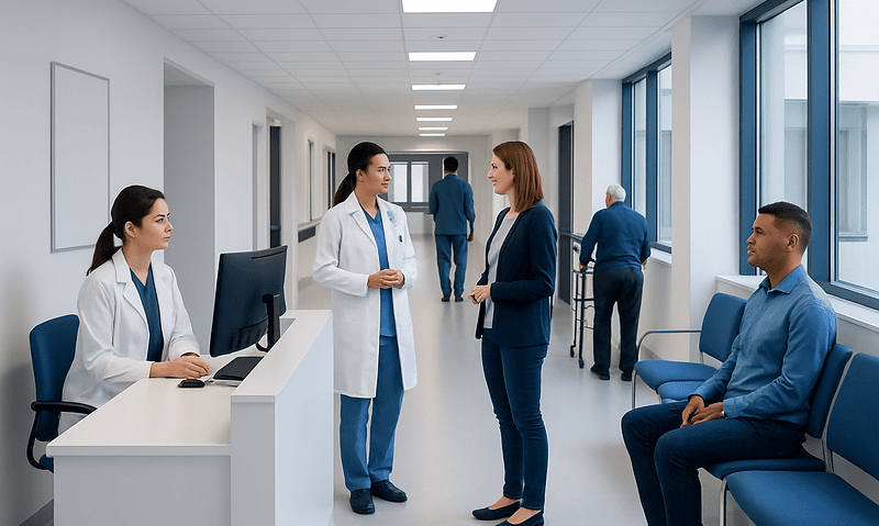 Hospital reception area with staff and patients engaging in conversation.