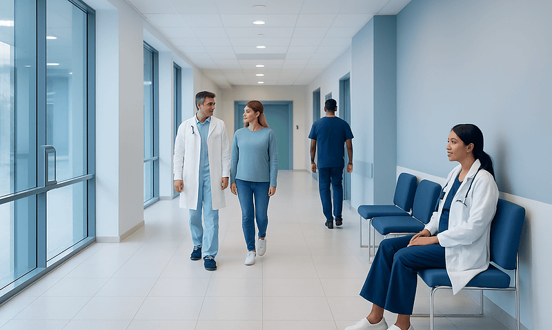 Medical professionals and patient in hospital corridor at Acibadem Hospitals Group.