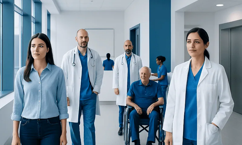 Medical team with patient in hospital corridor at Acibadem Hospitals Group.
