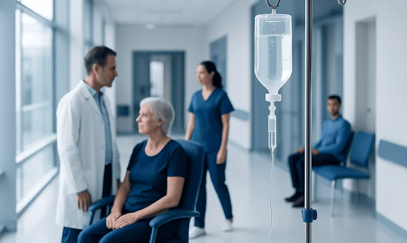 Patient receiving IV saline infusion in hospital corridor with medical staff.