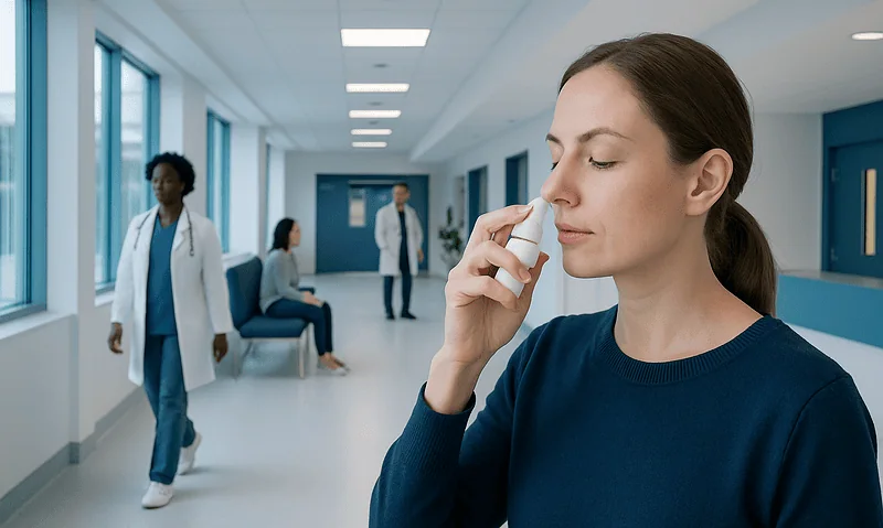 Woman using nasal spray in hospital corridor with medical staff in background.