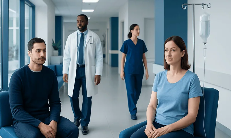 Patients in a hospital corridor with medical staff and IV drip stand.