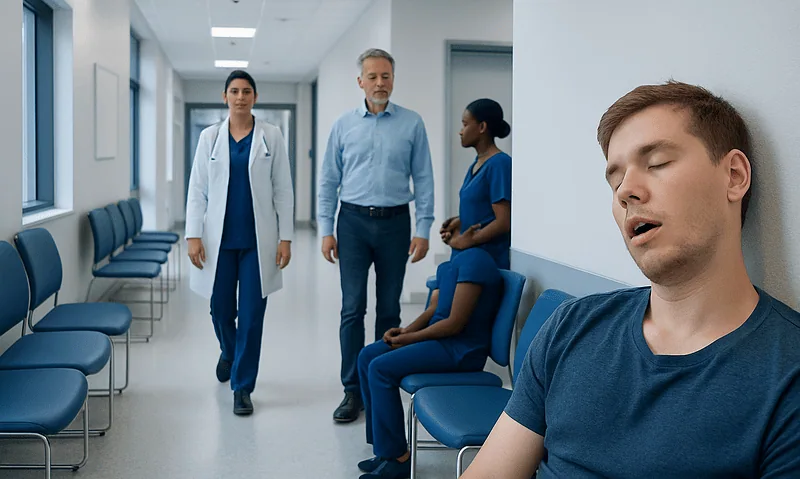 Patient with sleep issues in hospital corridor with medical staff nearby.