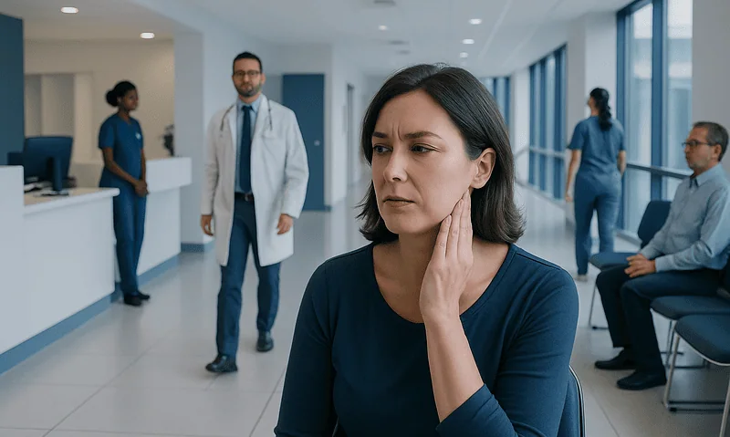 Woman experiencing neck pain in a hospital corridor with medical staff nearby.