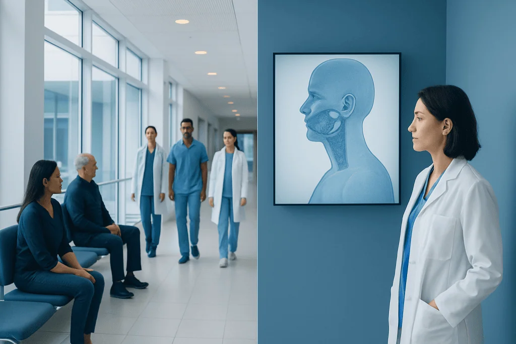 Salivary Glands: A Complete Medical Overview 1 Medical team in hospital corridor with salivary gland diagram on wall.