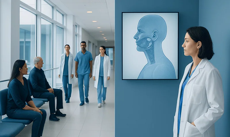 Medical team in hospital corridor with salivary gland diagram on wall.