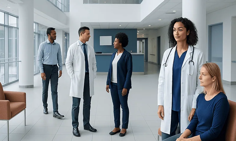 Medical team in hospital lobby with doctors and nurse discussing patient care.