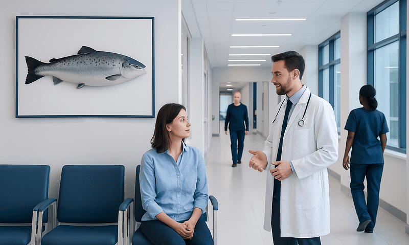 Doctor consulting with a patient in a modern hospital corridor.