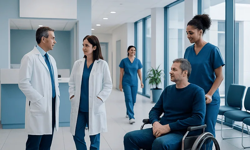 Medical team consulting with patient in hospital corridor.