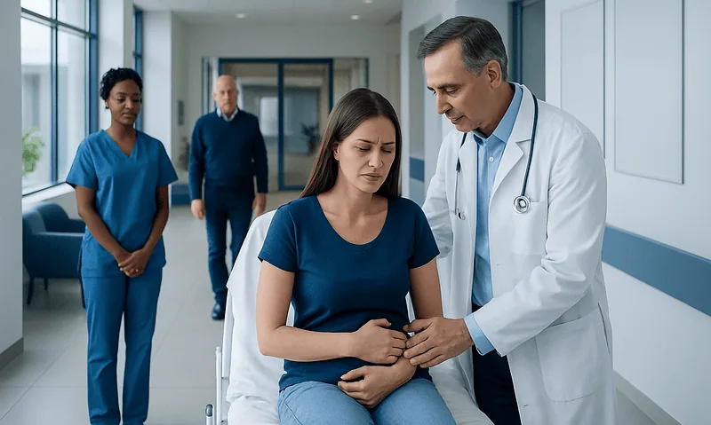 Doctor examining a patient in a hospital corridor with staff in the background.