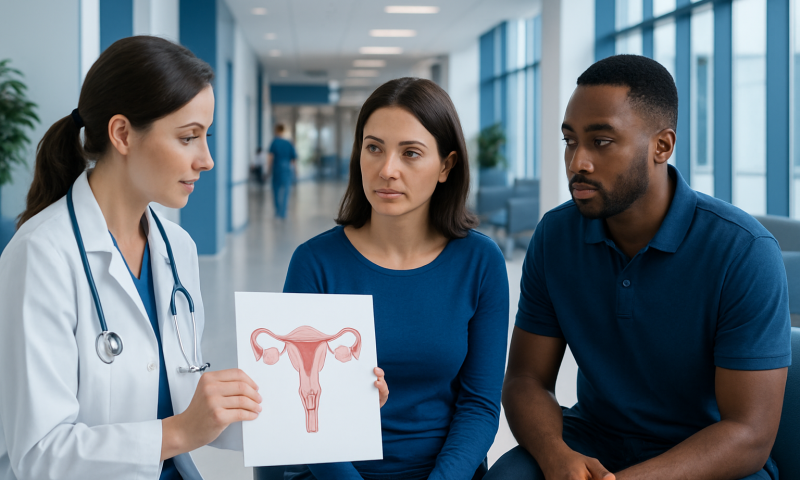 Doctor explaining salpingectomy to patients in a hospital corridor.
