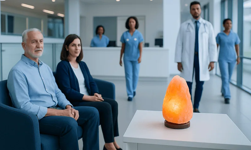 Salt lamp in a hospital waiting area with medical staff and patients.