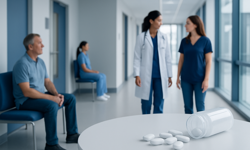 Medical consultation in hospital corridor with pills on table.