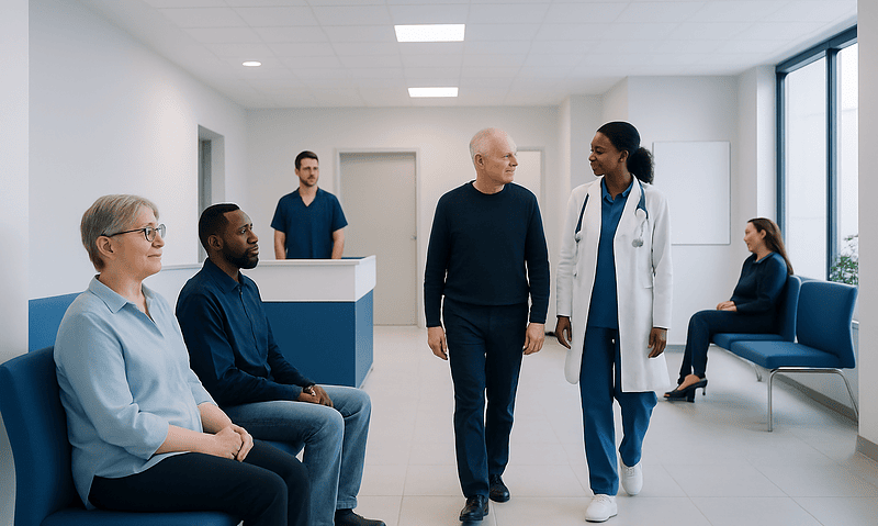 Patients waiting in a modern hospital corridor with medical staff and visitors.