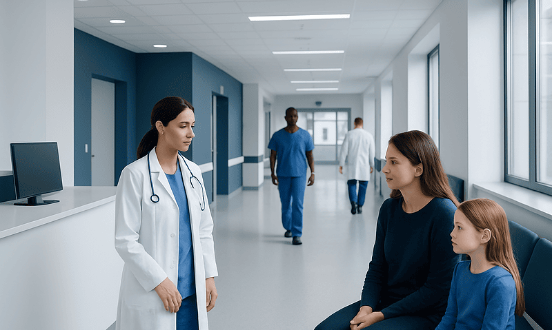 Doctor talking to mother and daughter in hospital corridor.