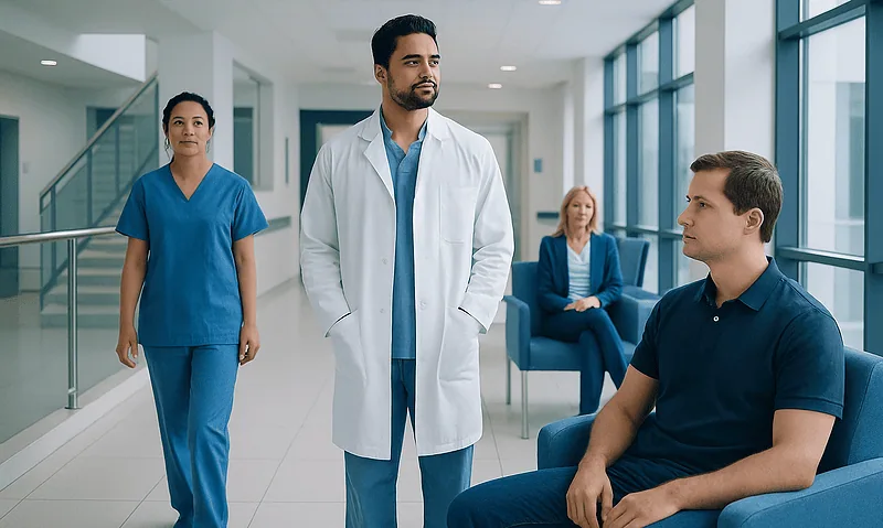 Medical team consulting in a modern hospital corridor.