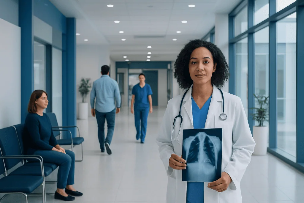 Sarcoidosis: Symptoms, Causes, and Treatment Options 1 Doctor holding chest X-ray in hospital corridor with patients nearby.