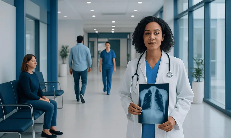 Doctor holding chest X-ray in hospital corridor with patients nearby.