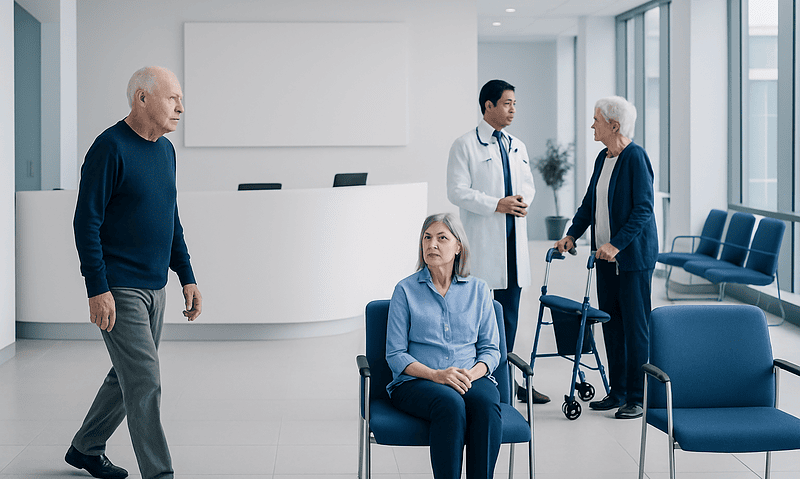Elderly patients waiting in a hospital corridor with a doctor and caregiver present.