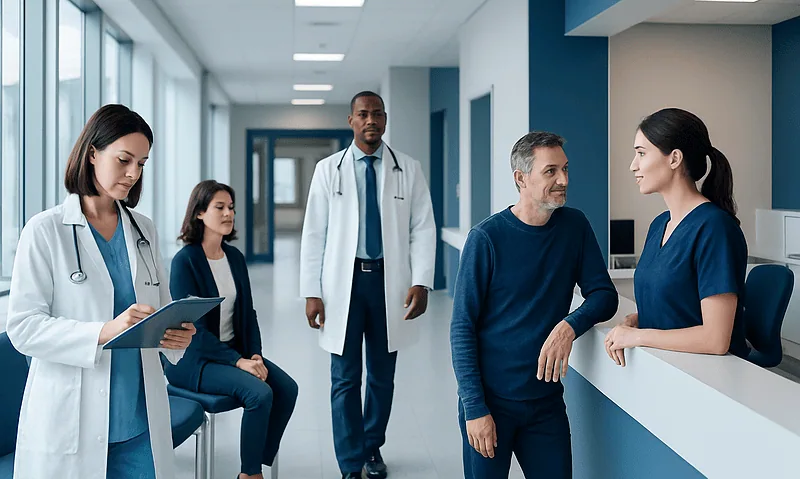 Medical team consulting with patient at hospital reception desk.