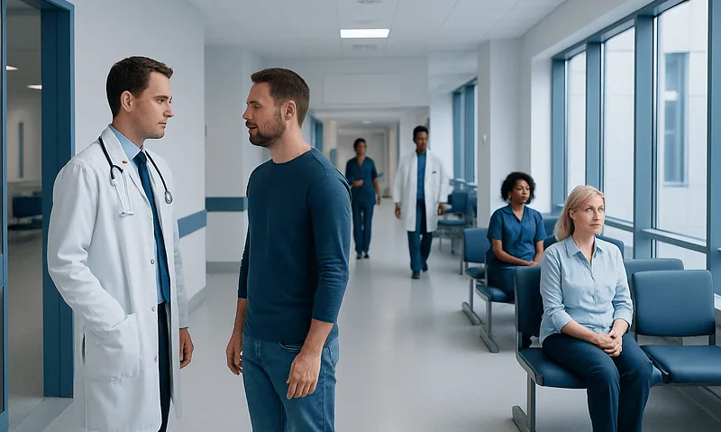 Doctors and patients in a hospital corridor at Acibadem Hospitals Group.