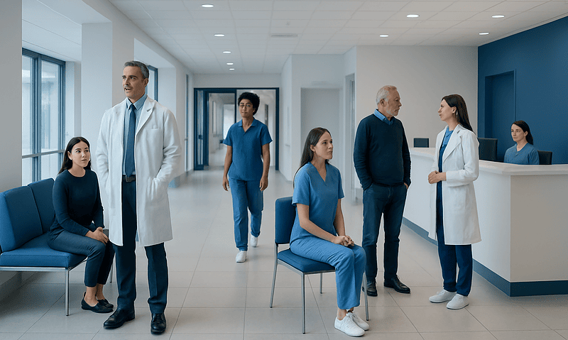 Medical professionals and patients in a hospital corridor at Acibadem Hospitals Group.