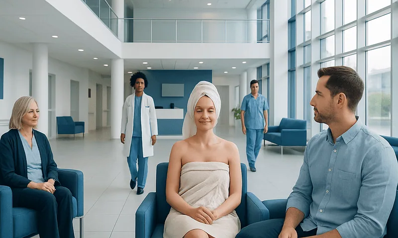 Patients in a hospital waiting area with medical staff and a patient in a towel.