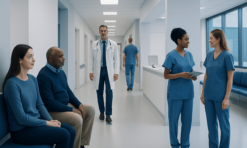Medical team consulting in a hospital corridor with patients and staff.