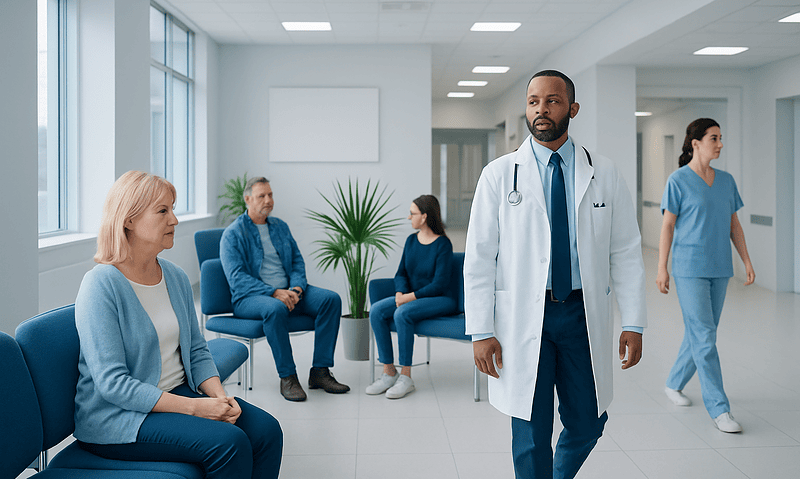 Medical consultation in a modern hospital waiting area with diverse patients.