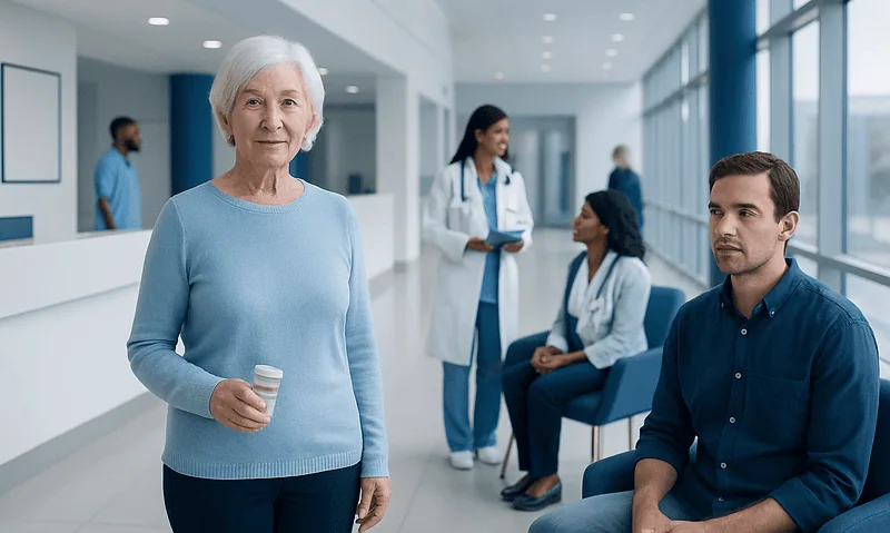 Senior woman in hospital waiting area with medical staff in background.