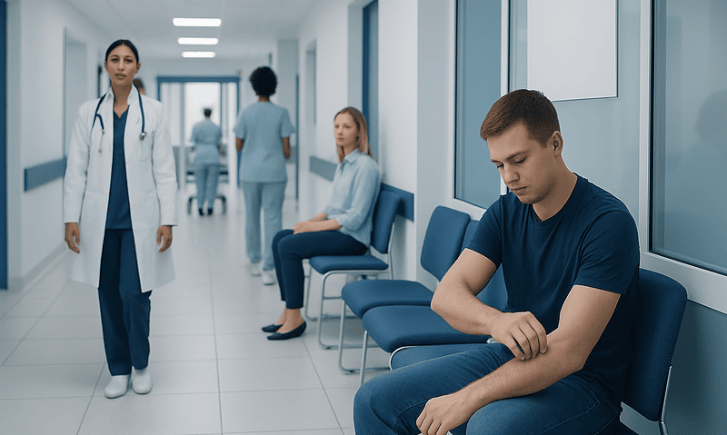 Young man waiting in hospital corridor with medical staff nearby.