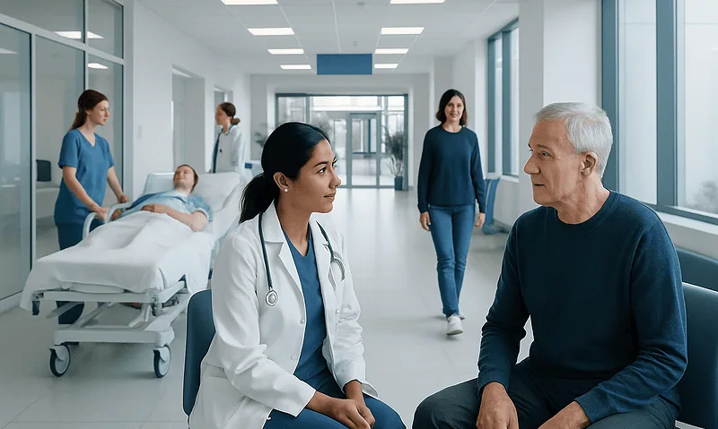 Doctor consulting elderly patient in hospital corridor with nurses in background.
