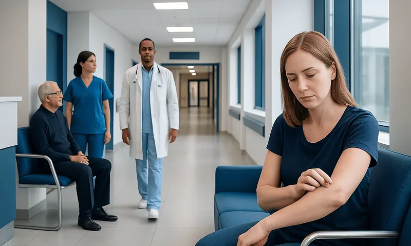 Young woman with a sad expression in a hospital corridor.