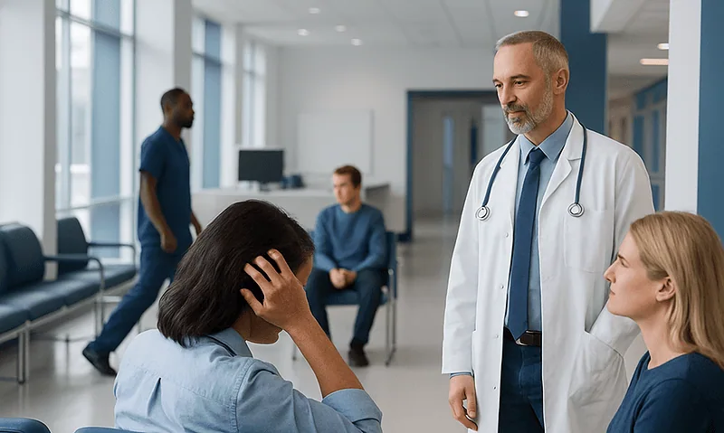 Doctor consulting with a patient about scalp issues in a hospital setting.