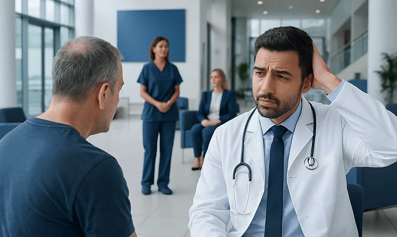 Doctor consulting with a patient in a modern hospital lobby.