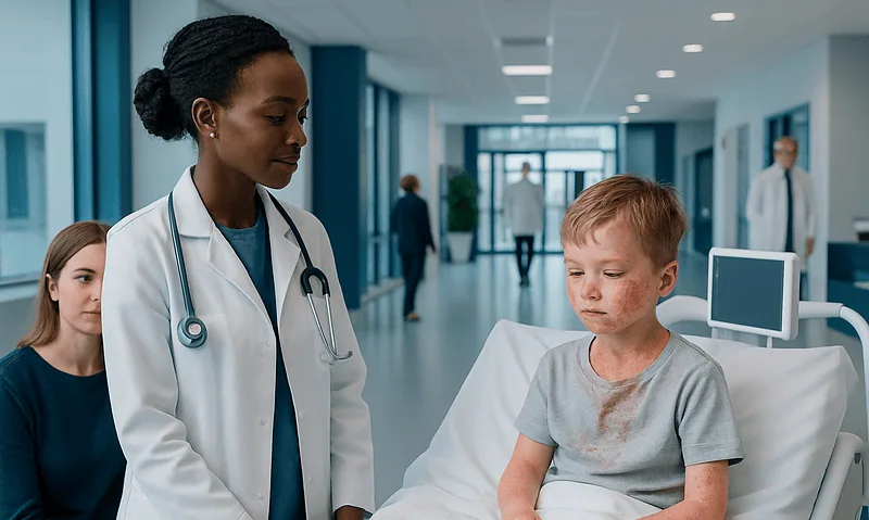 Doctor examining a young boy with skin rash in hospital corridor.