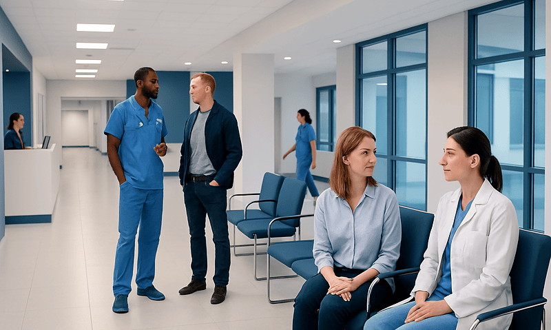 Medical professionals and patients in a modern hospital corridor.