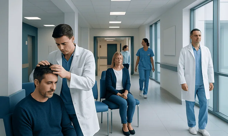 Medical professionals and patients in a hospital corridor.