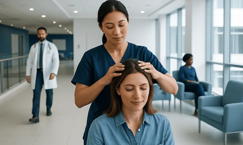 Healthcare professional performing scalp massage on patient in hospital setting.