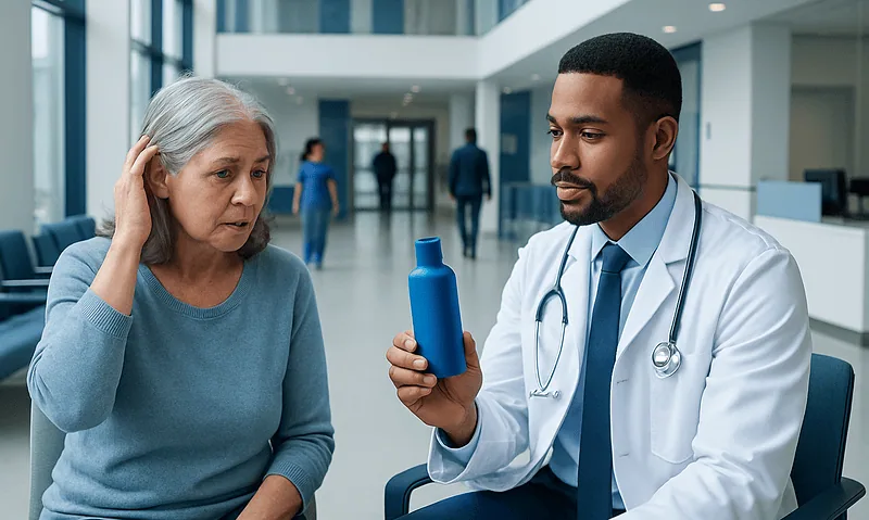 Doctor explaining medication to elderly woman in hospital lobby.