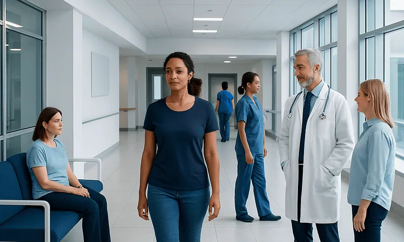 Medical team and patient in hospital corridor at Acibadem Hospitals Group.