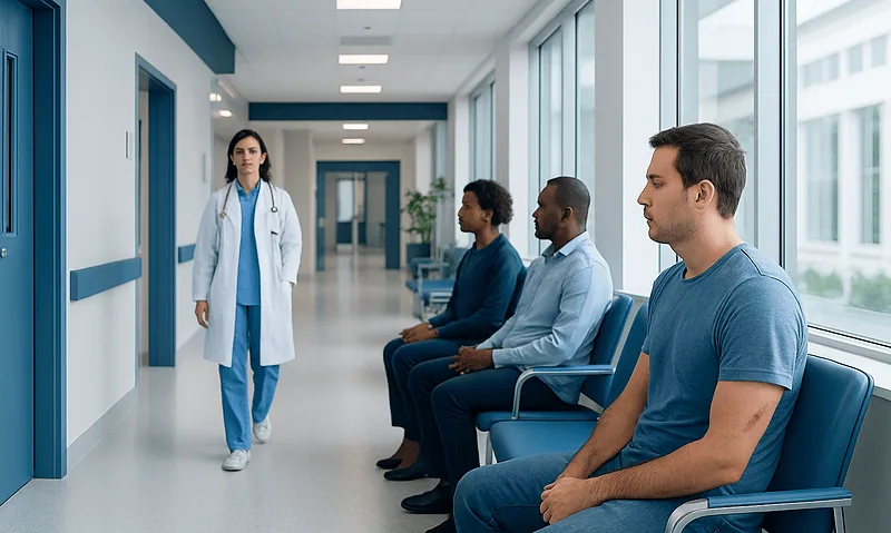 Medical consultation in hospital corridor with patients and doctor.