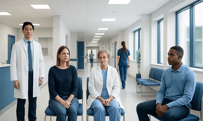 Medical team waiting in a hospital corridor for patient consultation.