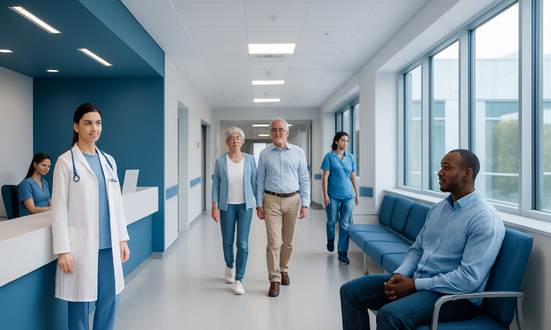 Patients and healthcare professionals in a modern hospital corridor.