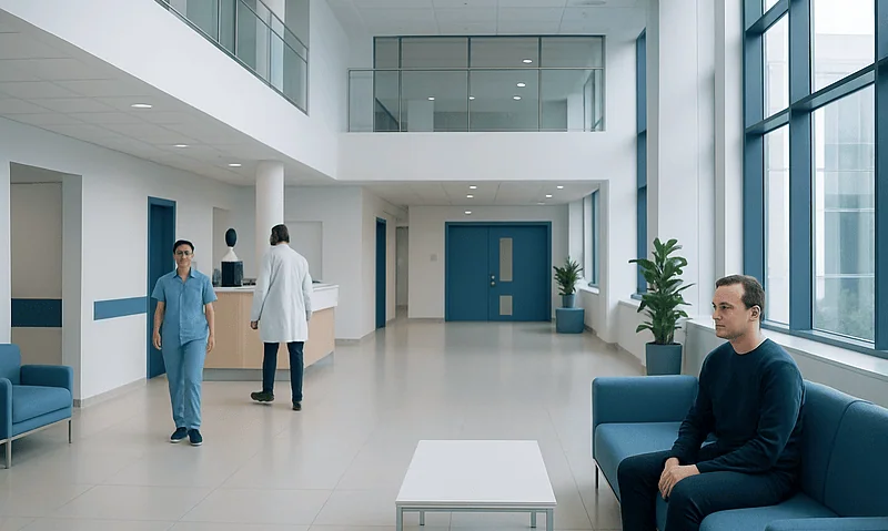 Modern hospital lobby with patients and staff in a bright, spacious setting.
