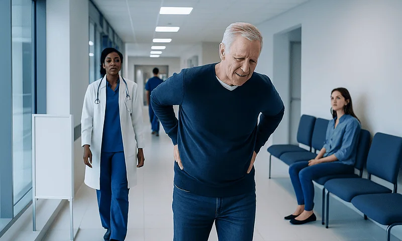 Senior man experiencing back pain in hospital corridor with medical staff nearby.