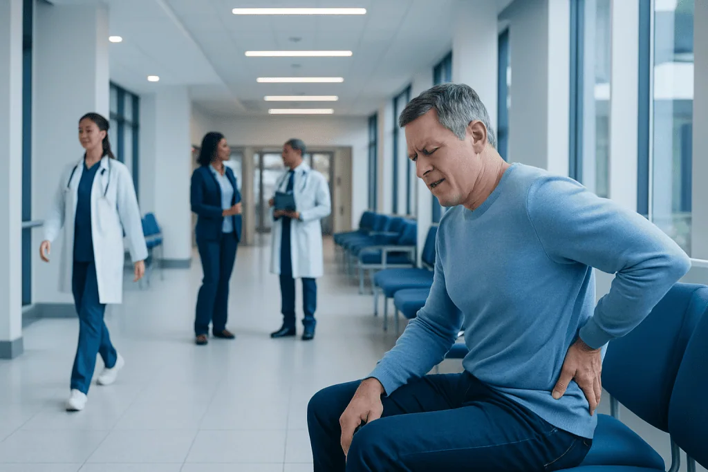 Sciatica Symptoms: Common Causes, Related Conditions, and When to See a Doctor 1 Man with lower back pain in hospital corridor with medical staff in background.