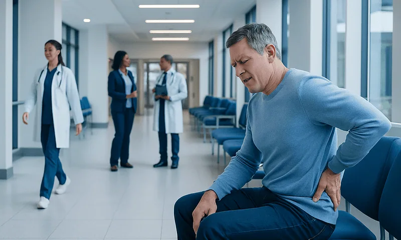 Man with lower back pain in hospital corridor with medical staff in background.