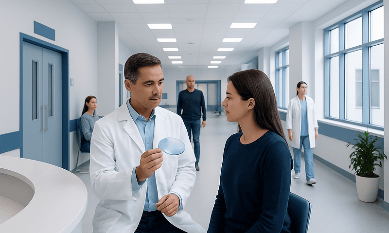 Doctor explaining scleral lenses to patient in hospital corridor.