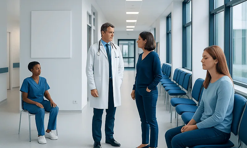 Medical consultation in hospital corridor with doctor and patients.